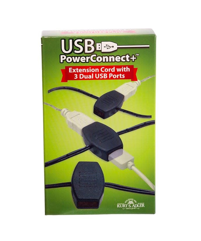 Black USB power extension cord with six outlets and a white wire.