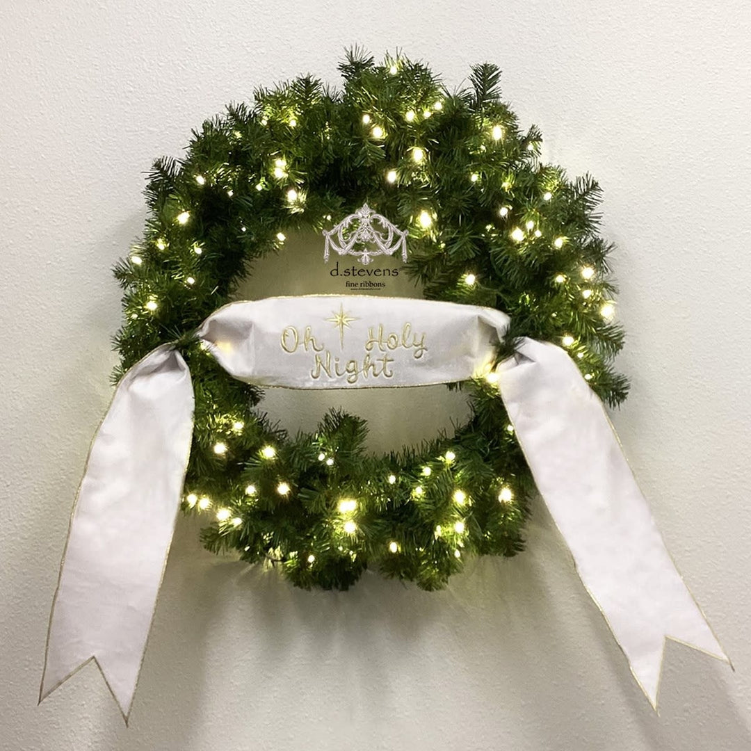 6-inch by 70-inch velvet banner with gold embroidery featuring O Holy Night text on a winter white background.