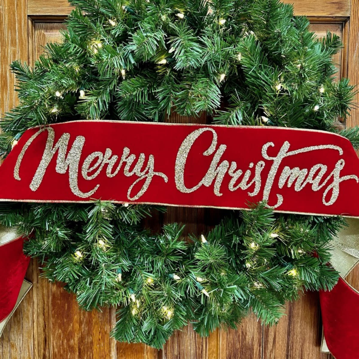 6-inch by 70-inch velvet gold glitter Merry Christmas sign with metallic backing