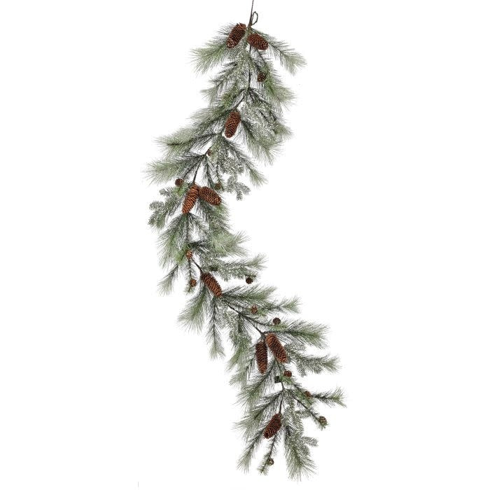 60-inch frosted pine garland with natural cones and glitter accents