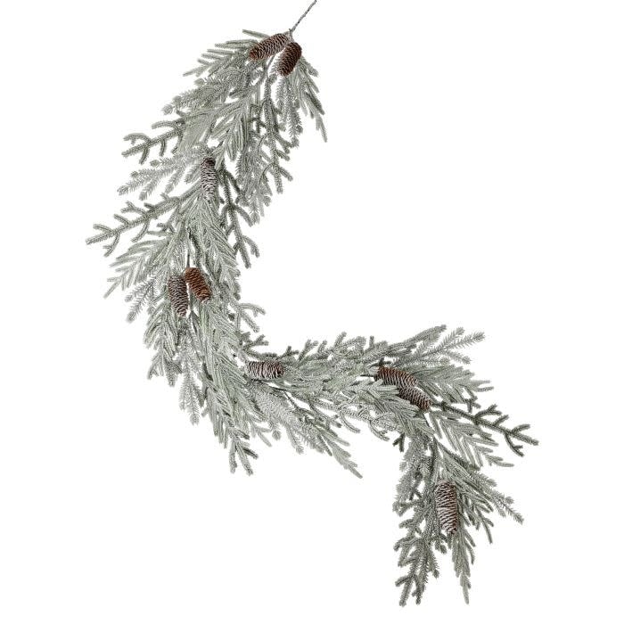 60-inch snowy pine garland with natural pinecones in white frosted finish