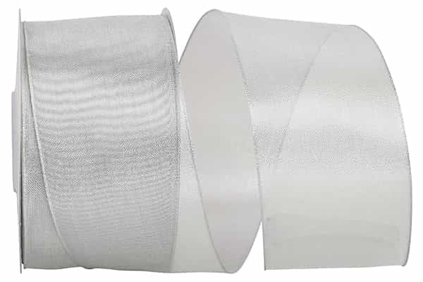 Silver metallic mesh wired edge ribbon roll with a classic flat shape.