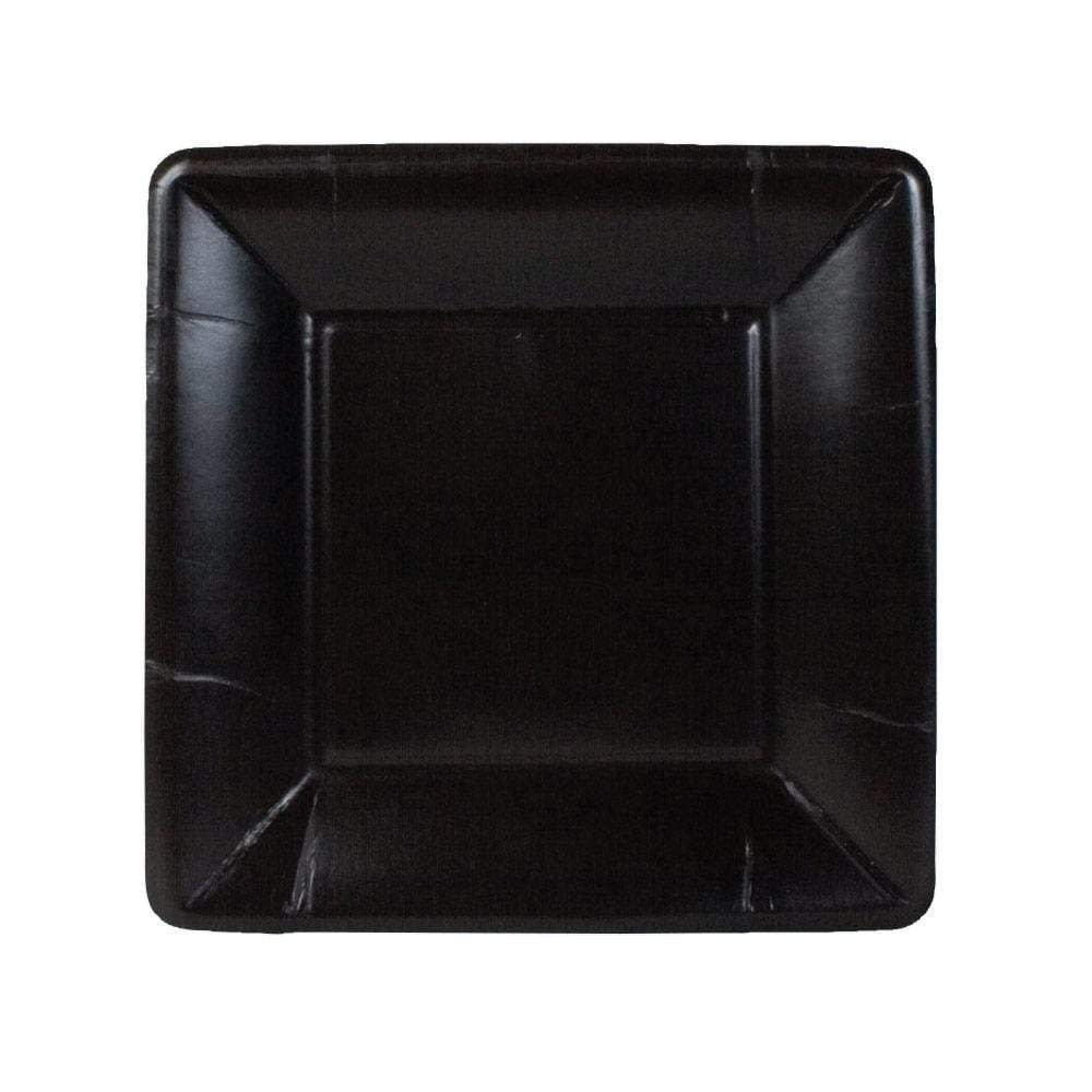 Square black paper salad plates with a white grosgrain ribbon border pattern.