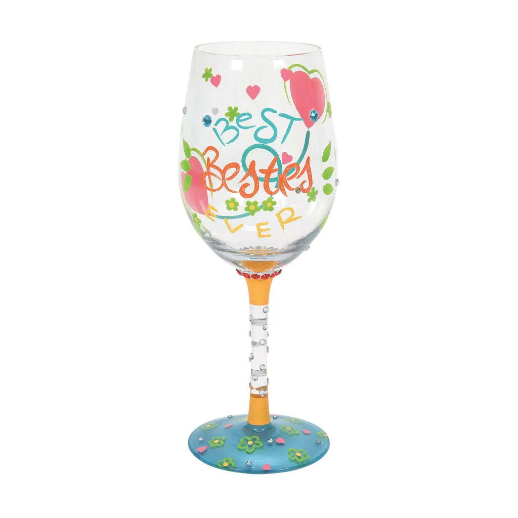 Blown glass wine glass with hand-painted colorful cocktail recipe base and glitter accents