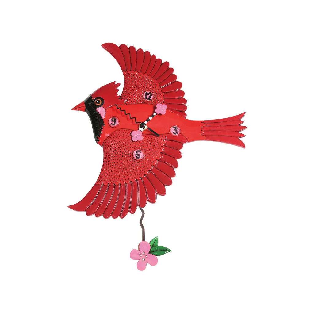 Hand-painted resin wall clock shaped like a red cardinal with pendulum hands between wings.