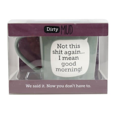 Onim DM stoneware mug in black with white text graphic