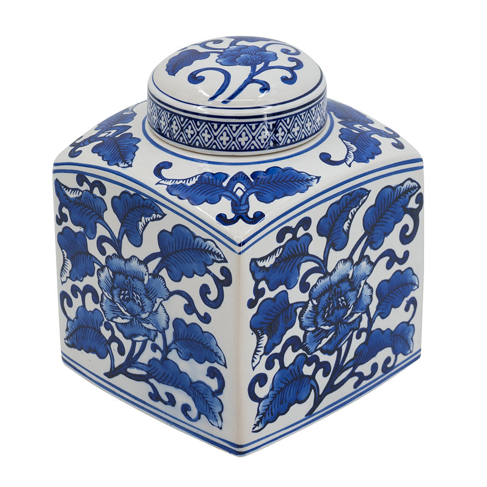 Square white ceramic canister with a matching lid.