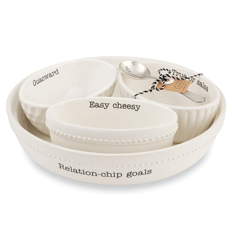 Ceramic Fiesta medley set with large chip bowl featuring debossed sentiment exterior, raised beaded detail, and three coordinating dipping bowls plus silverplate spoon.