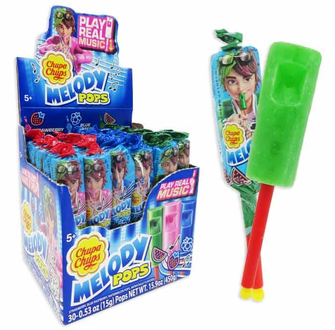 Chupa Chups Melody Pops lollipop with a colorful candy-coated stick and round fruit-flavored head.