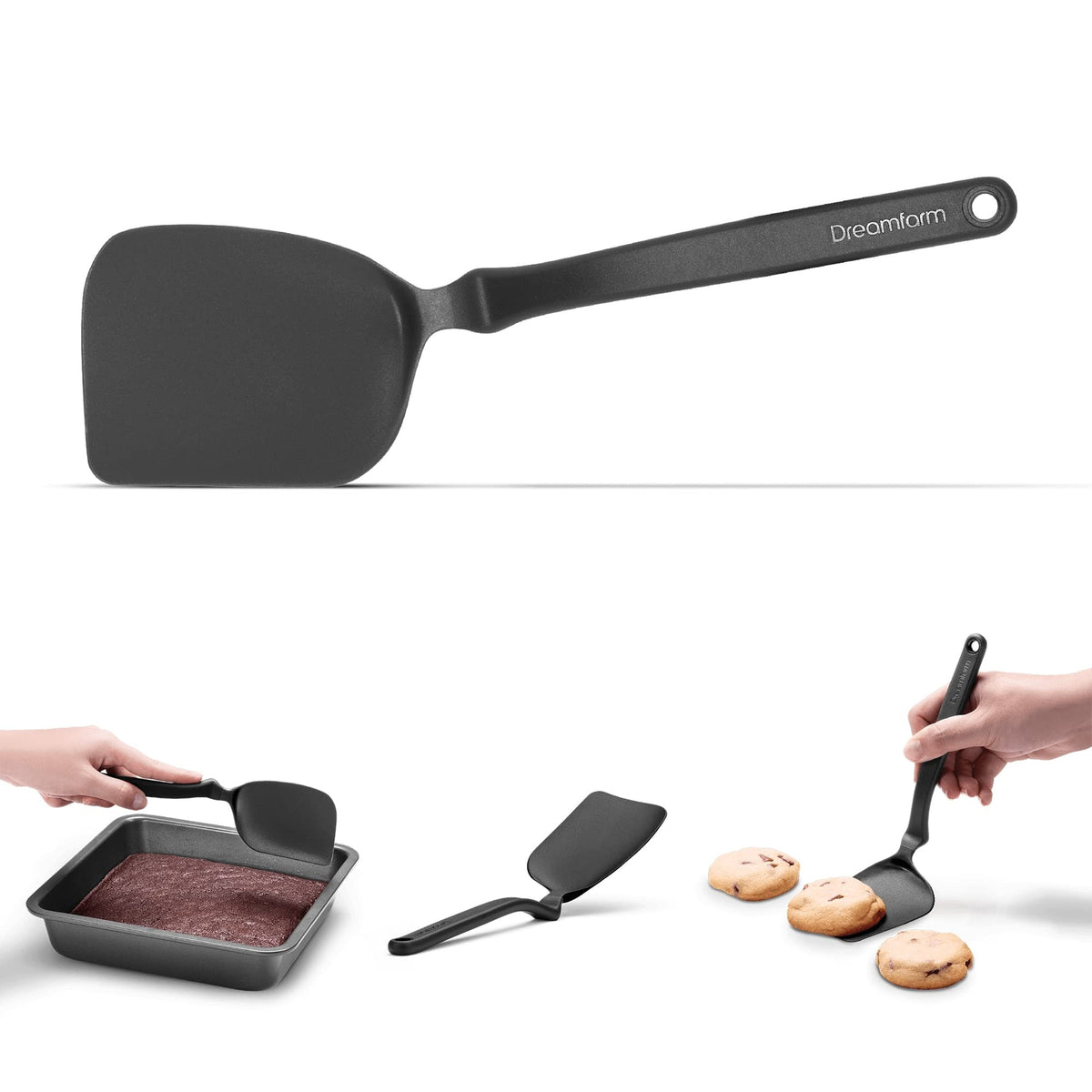 Mini Chopula flexible nylon cookie turner with angled handle and multicurved head.