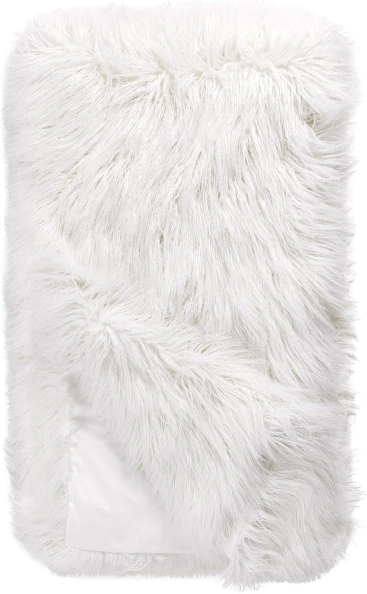 White Tibetan Lamb faux fur throw blanket with long crimped pile on a velvet lining.