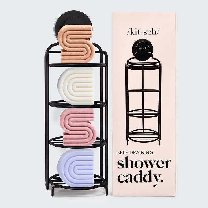 Self-draining shower caddy with wall mount bracket and free-standing legs in rust-proof coating.