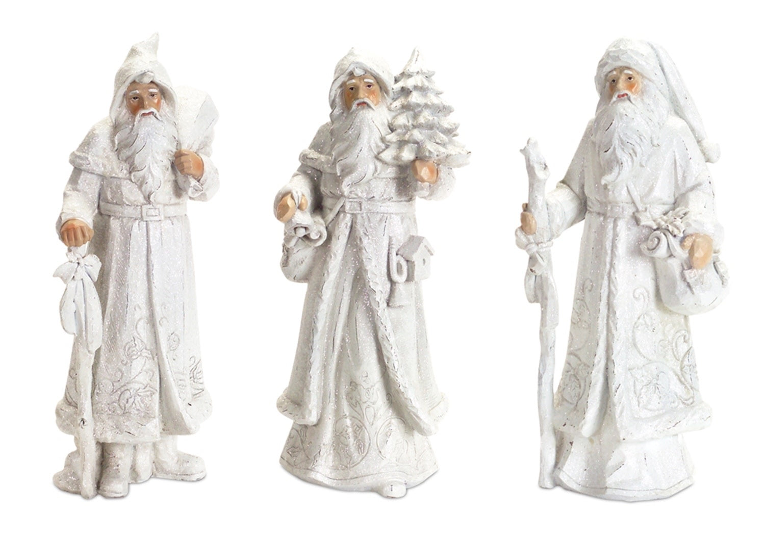 Polyresin Santa figurine standing 13 inches tall with a red hat and white beard.