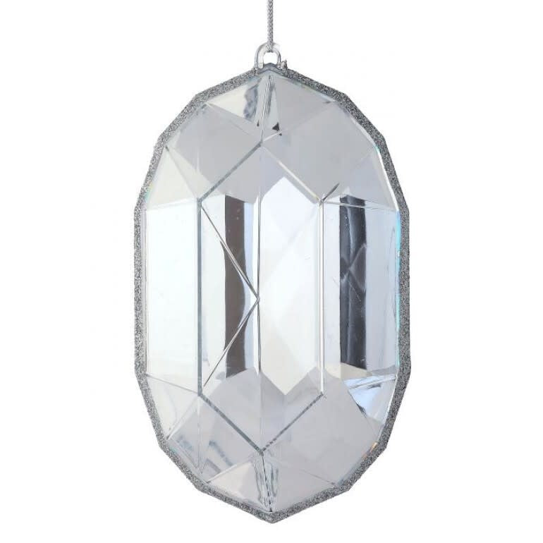 Clear acrylic oval ornament with iridescent finish featuring a central precious gem accent.
