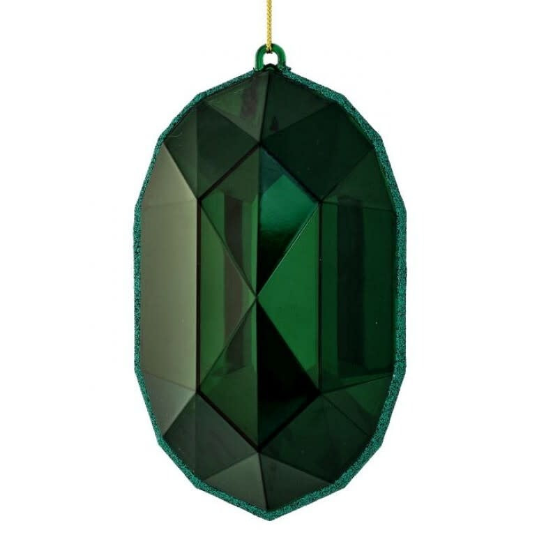 Emerald green oval acrylic ornament with a precious gem center.