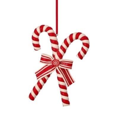 Red and white double-sided candy cane ornament made from CDough material.