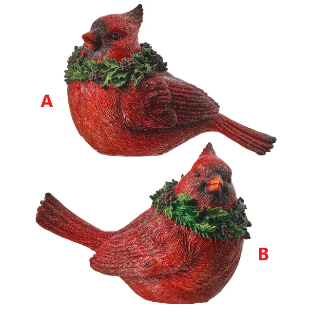 6.5-inch resin cardinal figurine with glitter finish perched on holly sprigs