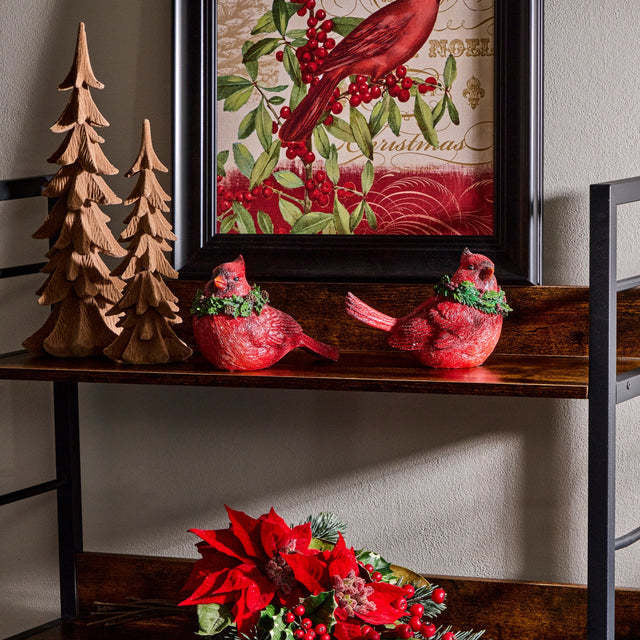 6.5-inch resin glitter cardinal figurine with holly leaves