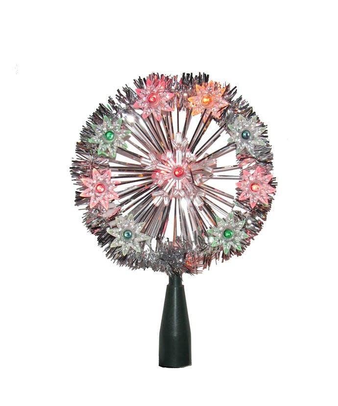 6.5-inch UL multicolored snowflake treetop light with red, blue, green and yellow bulbs on a plastic tree base