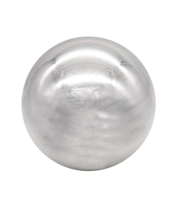 Set of six shiny silver glass ball ornaments with a classic spherical shape.