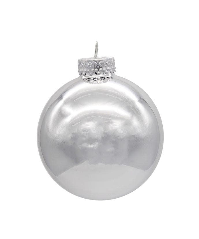 Set of six shiny silver glass ball ornaments with a classic spherical shape.
