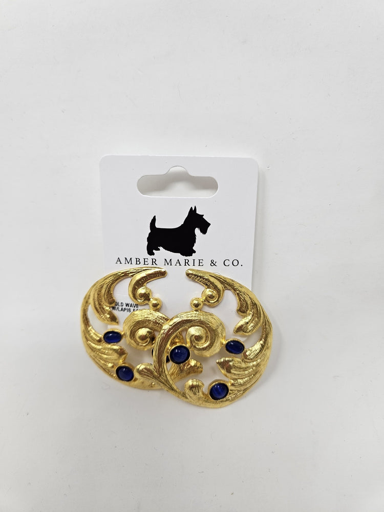 Gold wave earring with lapis lazuli stone accent