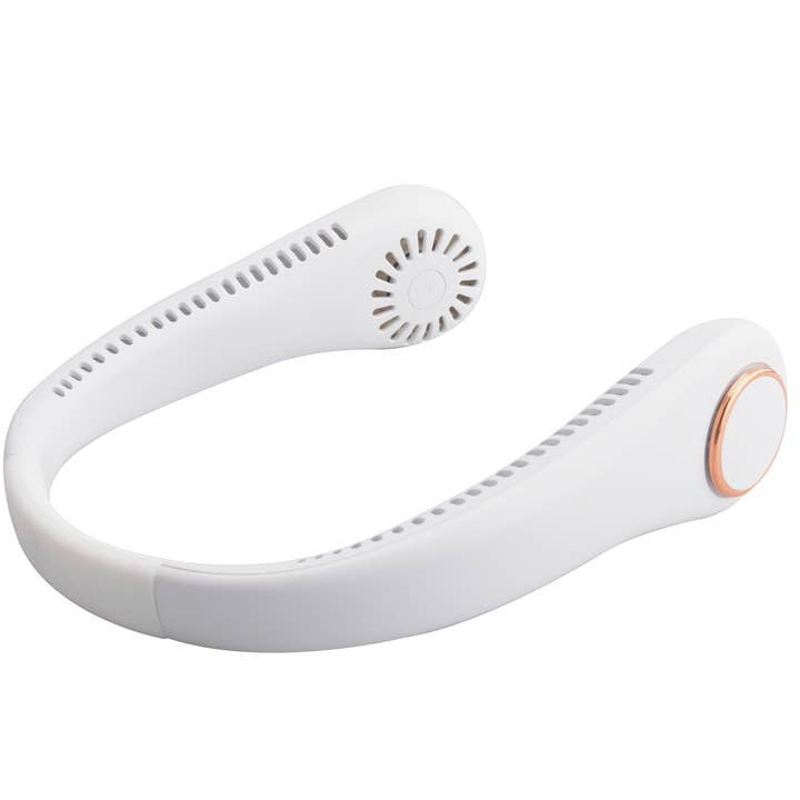 Black bladeless neck fan with flexible band and rechargeable battery