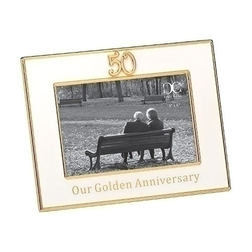 6.75-inch silver metallic frame with a gold '50th Anniversary' inscription and decorative border.