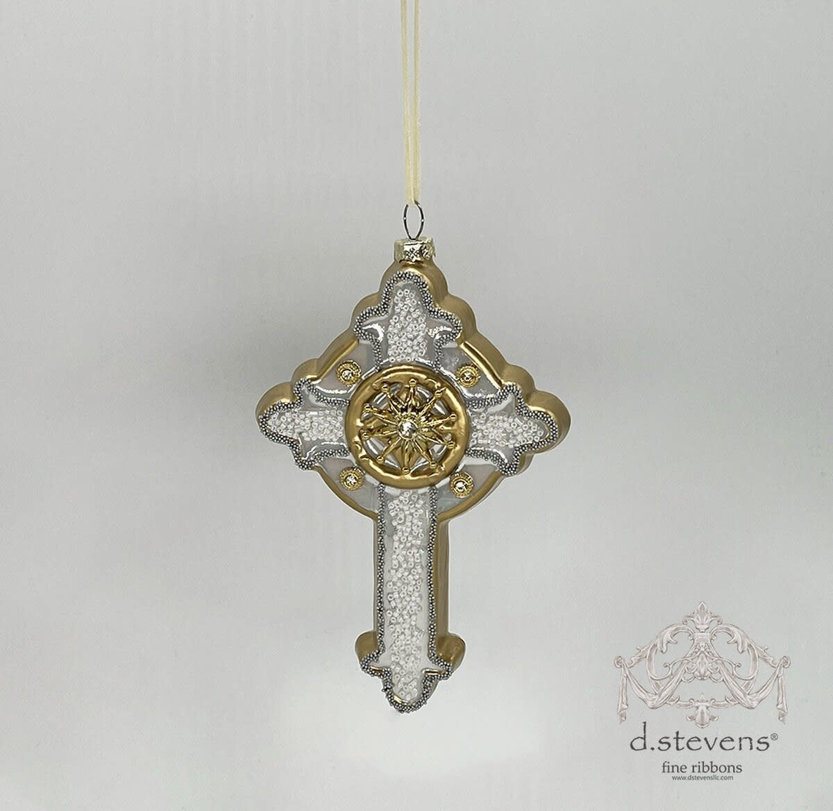 Ivory glass Old World cross ornament with vintage-style finish