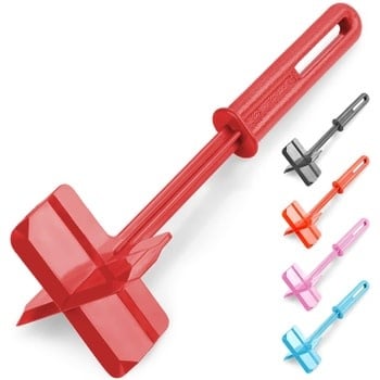 Heat resistant meat chopper with four stainless steel blades on a black handle