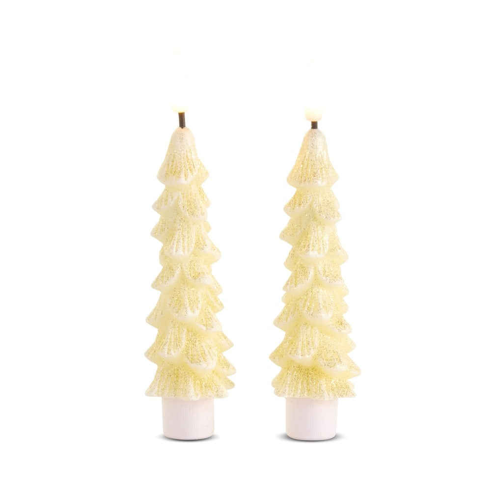 Set of two 6-inch gold glittered mini tree taper candles shaped like evergreen trees.