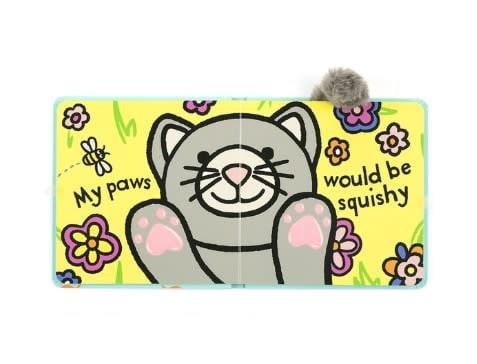 Chunky board book with tactile cover featuring a soft dark grey kitten tail silhouette.