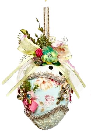 6-inch fabric Easter egg ornament with floral patterns, jewels, bees, and a yellow ribbon bow.