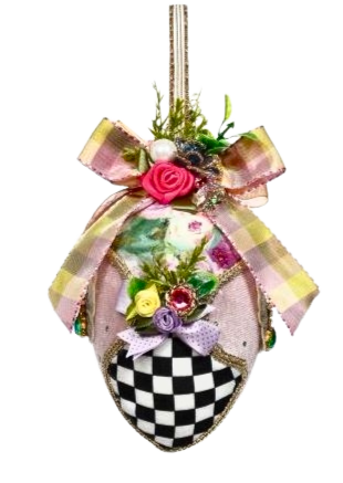 6-inch fabric Easter egg ornament with pink plaid bow, floral accents, and black checkered base.