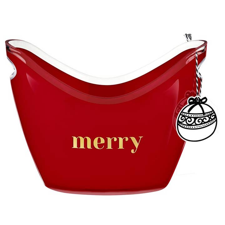 Red acrylic beverage bucket with the word 'merry' in gold and a white rim.