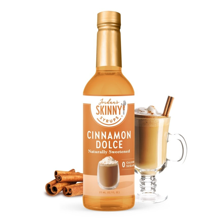 Bottle of naturally sweetened cinnamon dolce syrup with a clear liquid inside.