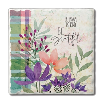 Square tumbled stone coaster with cork backing in natural gray tones.