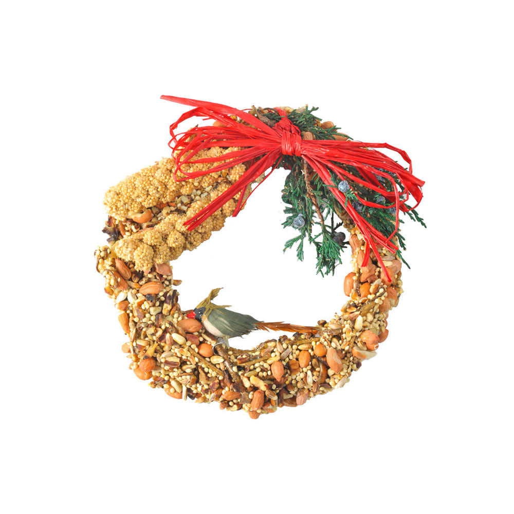6-inch rustic grapevine wreath coated in bird seed with millet sprays, juniper berries, a cardinal figurine, and red raffia bow.