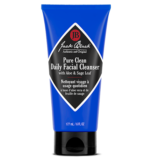 6oz bottle of Pure Clean Daily Facial Cleanser with a white pump dispenser on a clear liquid background.