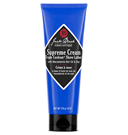 Supreme Cream Triple Cushion Shave Lather in a white tub with blue and red text.