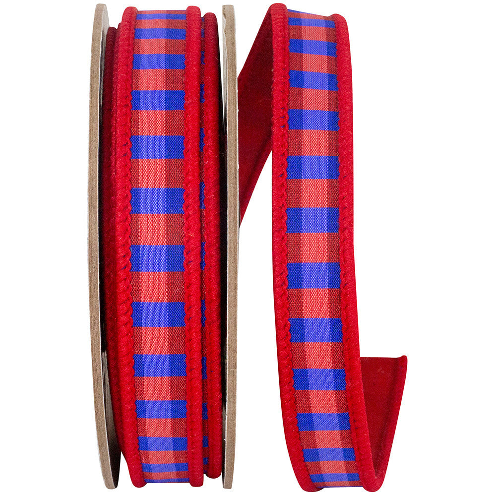 Red and blue checkered dupioni ribbon with wired edge