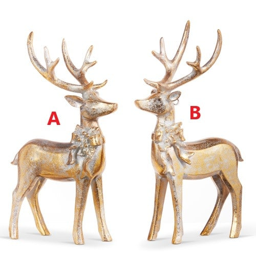 Aged gold resin deer ornament with a bow on its antlers