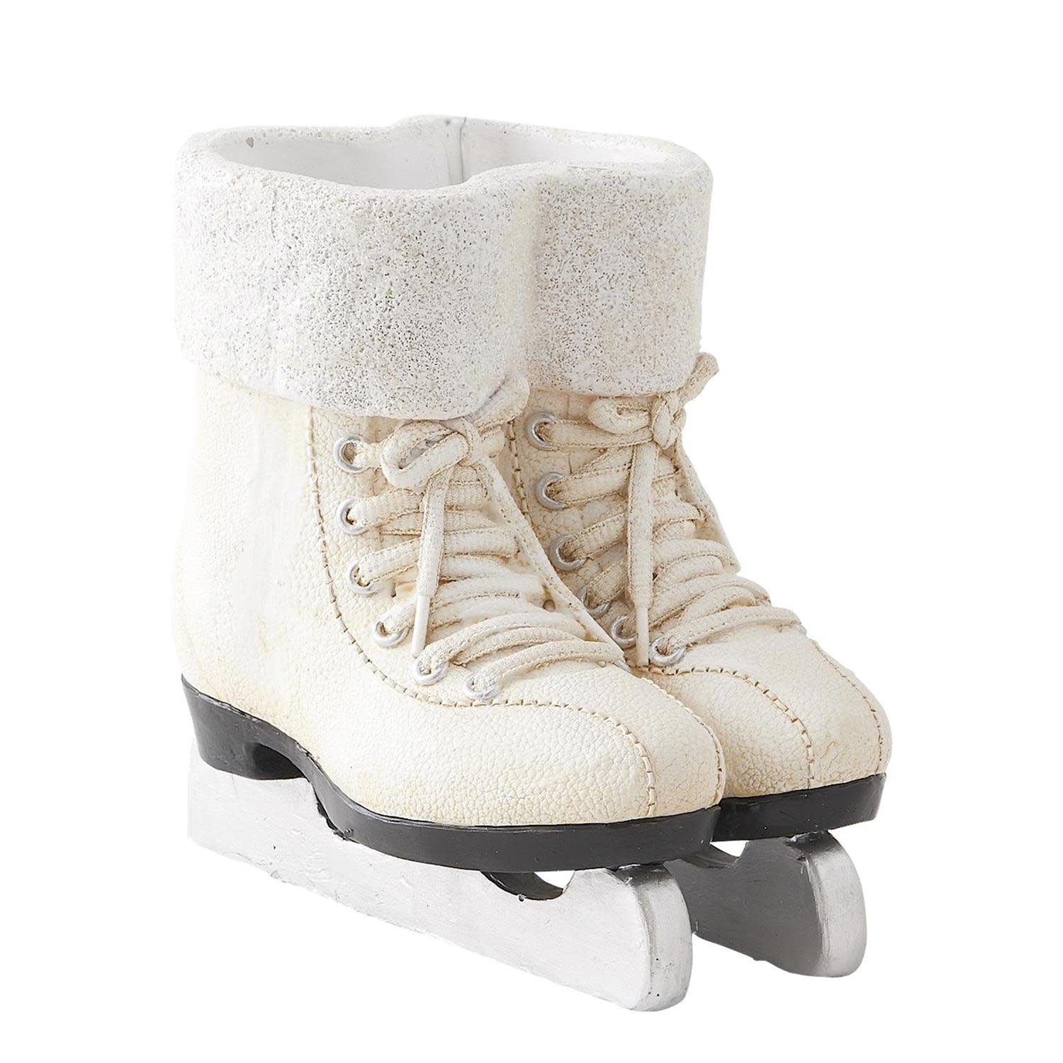 White resin ice skate figurine pair with glittered lining and detailed laces.