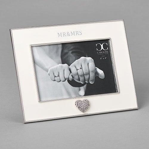 7-inch wooden frame with heart cutout displaying Mr & Mrs text