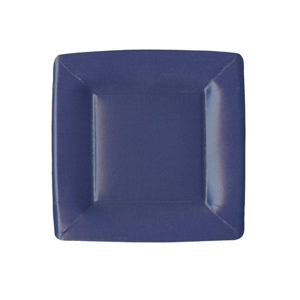 Pack of eight navy blue square paper plates with a textured border.