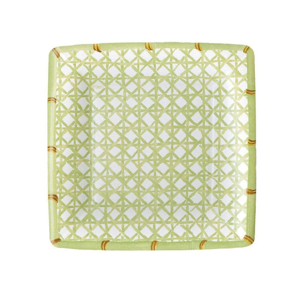 Pack of eight white square paper plates with a subtle printed border pattern.