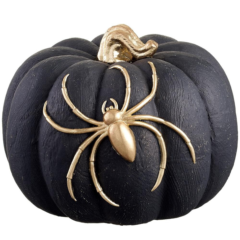 Black resin spider pumpkin with gold accents in a round silhouette.