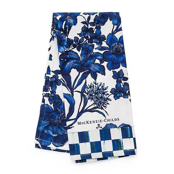 Blue floral printed cotton dish towel with Royal Check border.