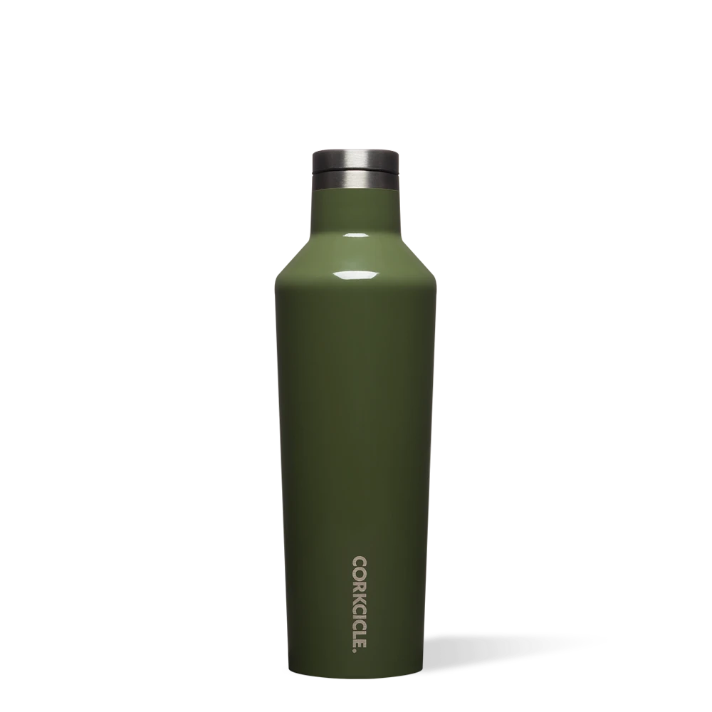 Corkcicle Canteen water bottle in Gloss Olive with triple insulation.
