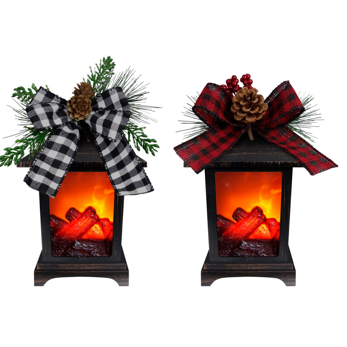Bronze metal fireplace lantern with realistic fire log design inside